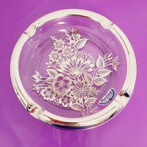 Vintage Silver City Glass Co Sterling On Crystal Ashtray Floral Non Tarnish 6"